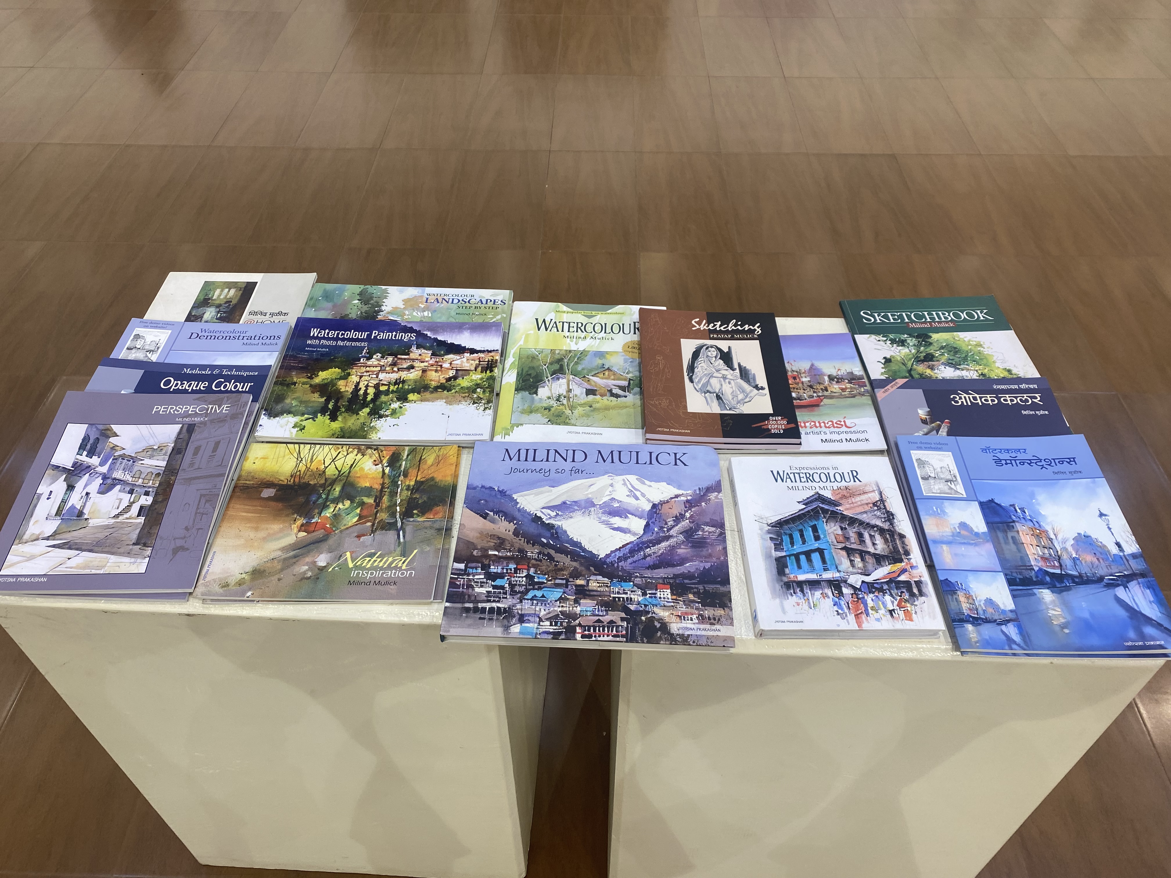 Books by Milind Mulick and Pratap Mulick laid out on plinths in the gallery