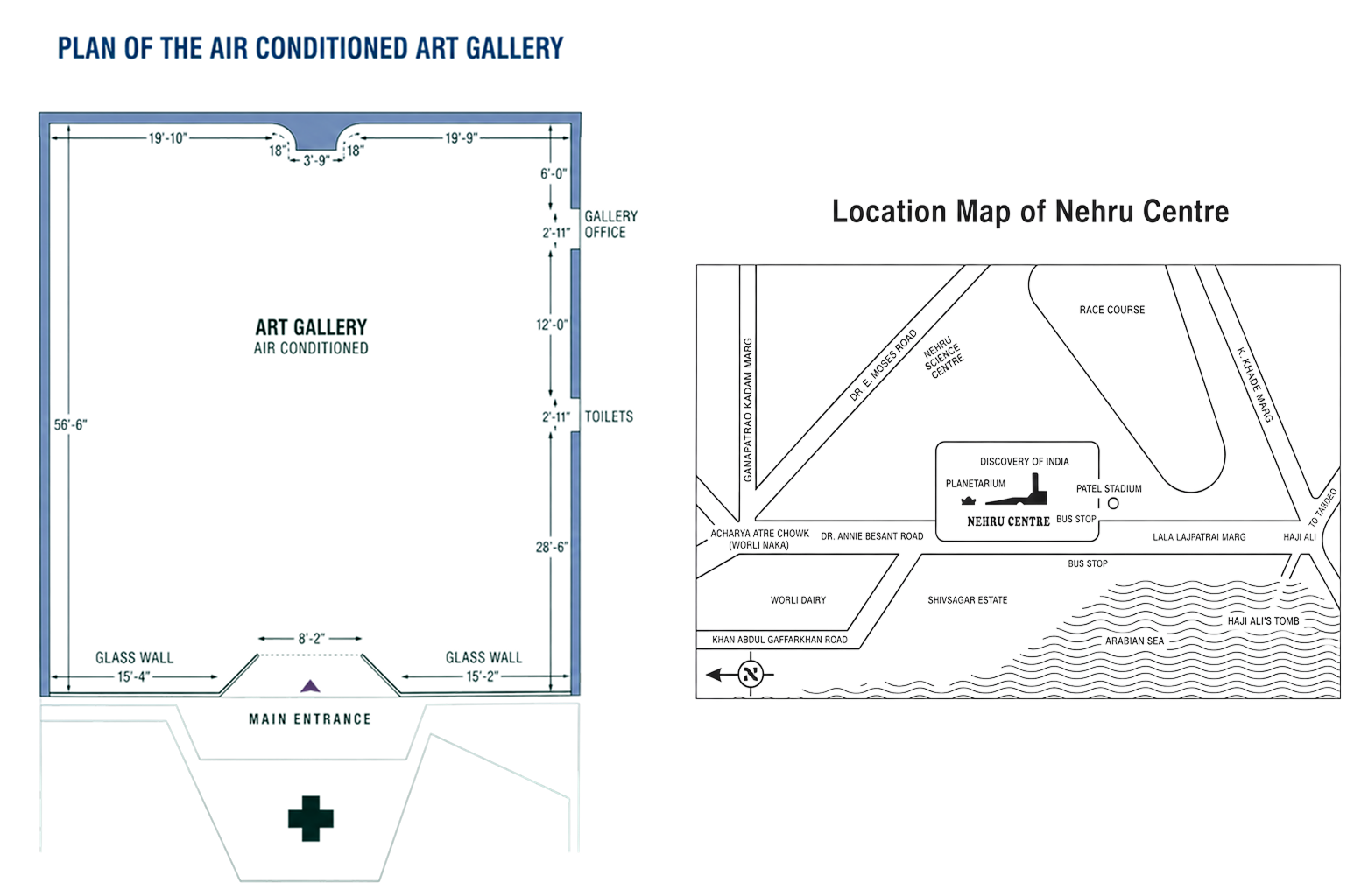 Floor plan of the air-conditioned art gallery and location map of Nehru Centre